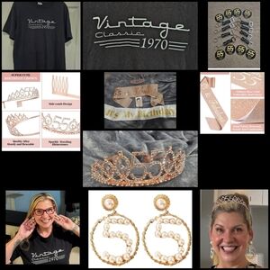 55 Set Rose Gold Birthday Tiara, Sash, Earring Set, Med Tshirt, 8 Bottle Openers